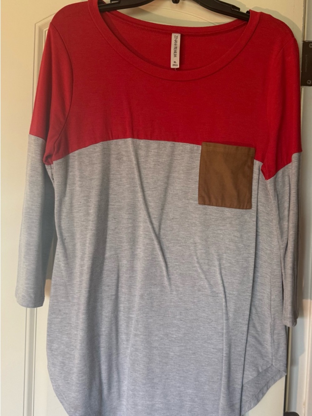 Colorblock Red and Gray women’s Top with Brown Pocket
